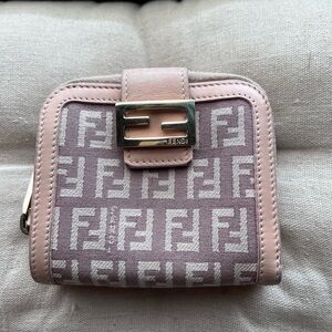 Fendi Pink and Cream FF Logo Compact Wallet with Gold Hardware